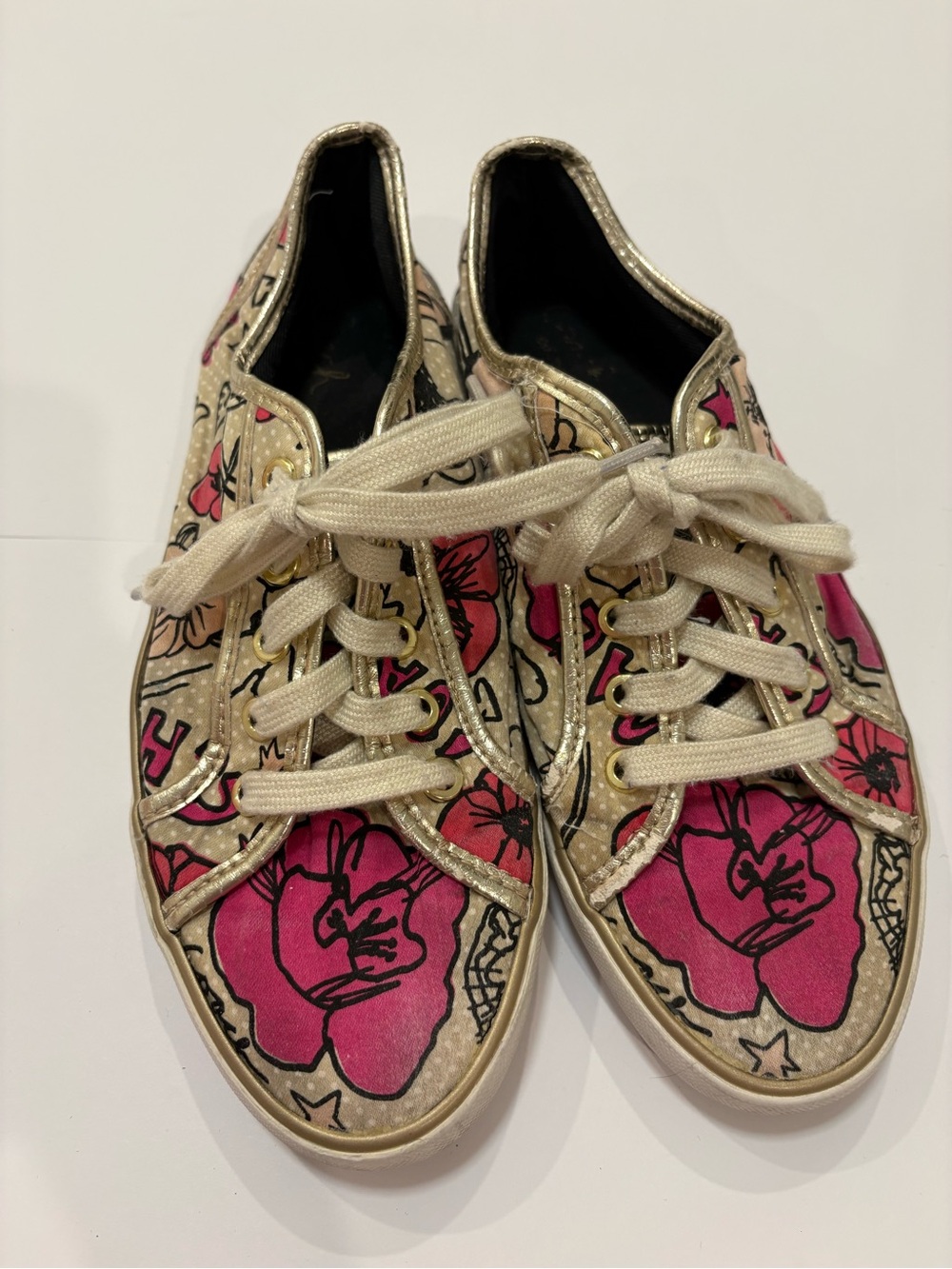 Coach Women's Pink Floral Sneakers with Gold Trim 7.5